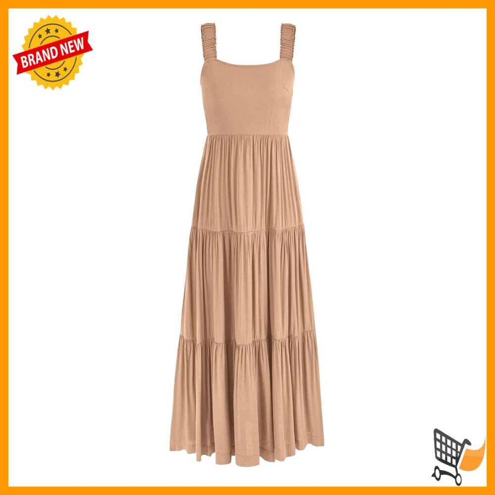 Flowy Tiered Maxi Dress, Elastic Shoulder, Square Neck, Sleeveless Summer Dress